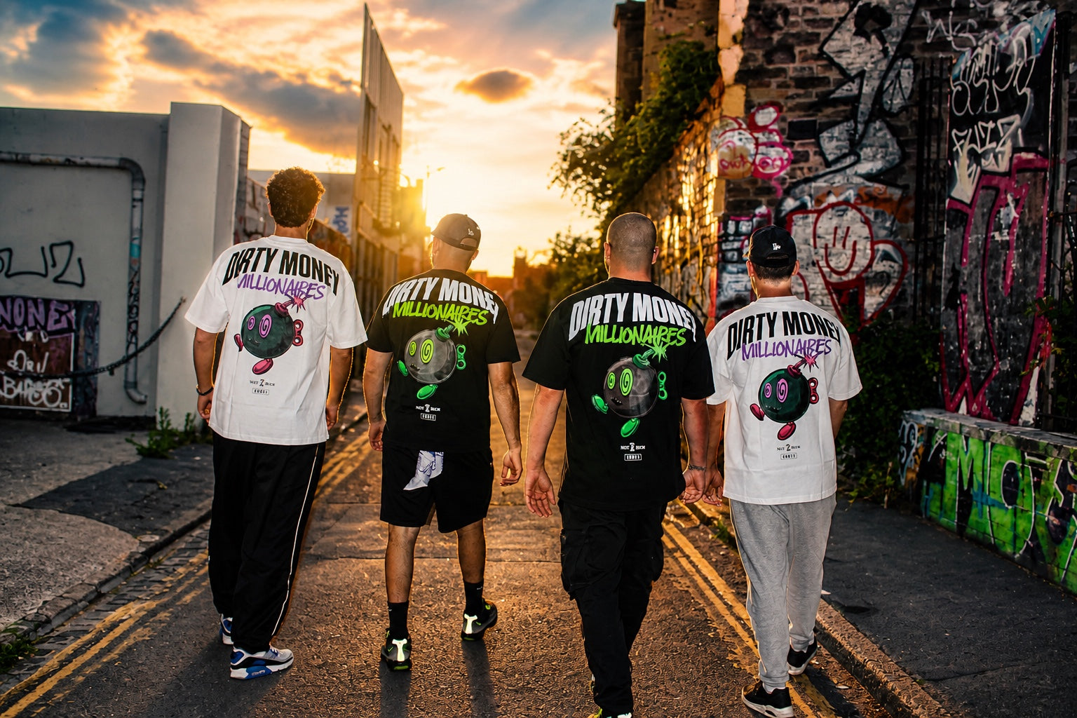 Dirty Money Millionaires group wearing tees on street at sunset